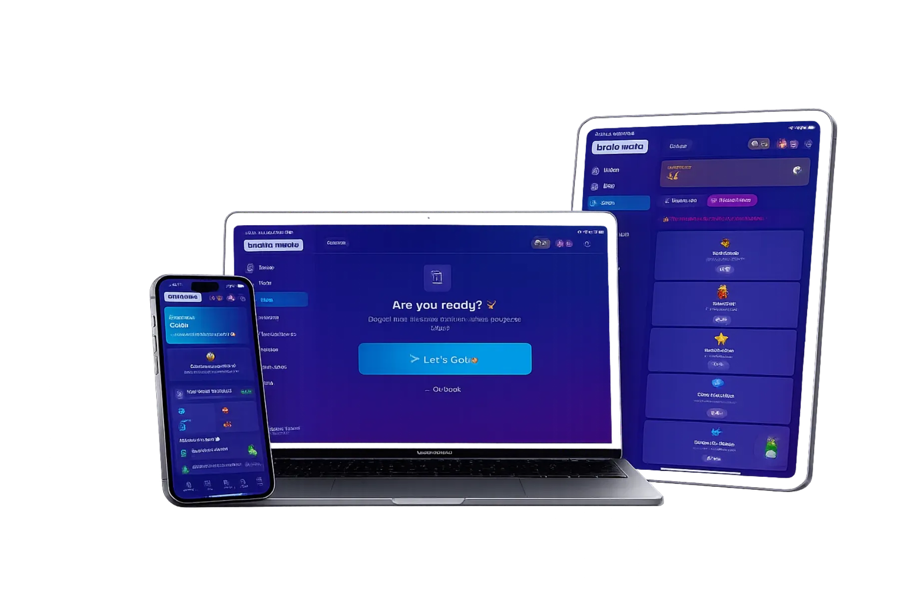 The BrainoMate practice app running on phone, laptop and tablet