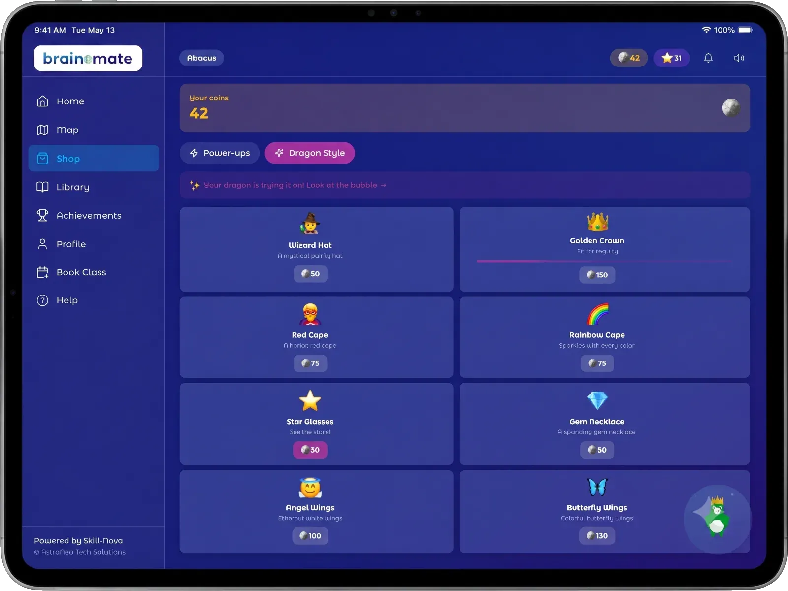 The BrainoMate shop inside the app, showing 42 coins and dragon outfits priced from 50 to 150 coins